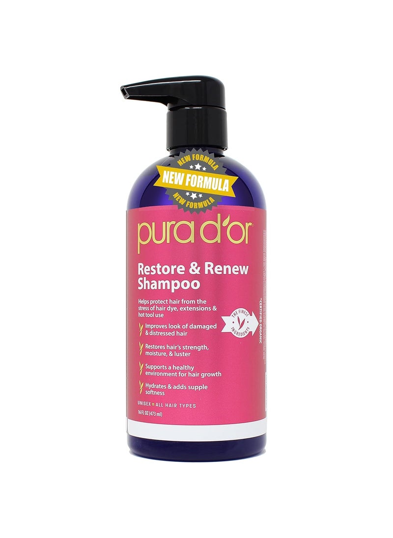 PURA D'OR Restore & Renew Shampoo (16oz) Hair Protection from Dye, Extensions and Heat Tools, Infused with Organic Aloe Vera, Rosemary Leaf Oil, Sea Buckthorn Fruit Oil, & Cacay Seed Oil