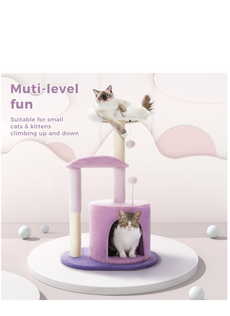 Cat Tree 84cm Purple Flower Cat Tower with Sisal Covered Scratching Post, Cozy Condo, Plush Perches and Fluffy Balls for Indoor Cats