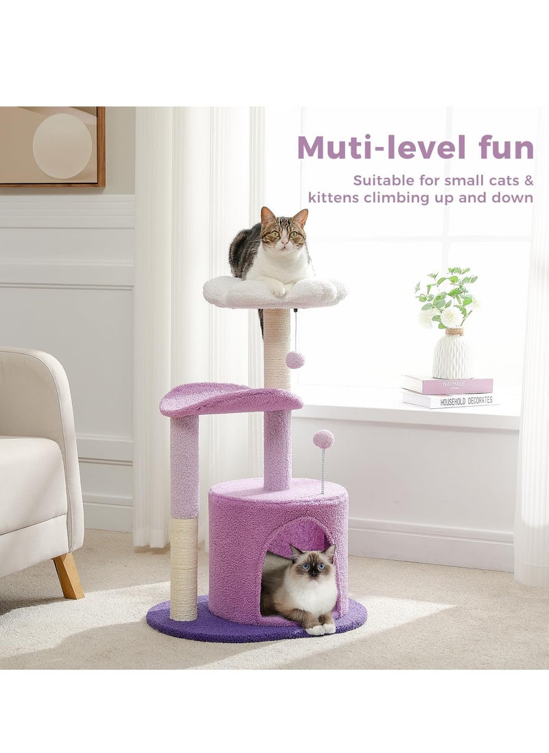 Cat Tree 84cm Purple Flower Cat Tower with Sisal Covered Scratching Post, Cozy Condo, Plush Perches and Fluffy Balls for Indoor Cats