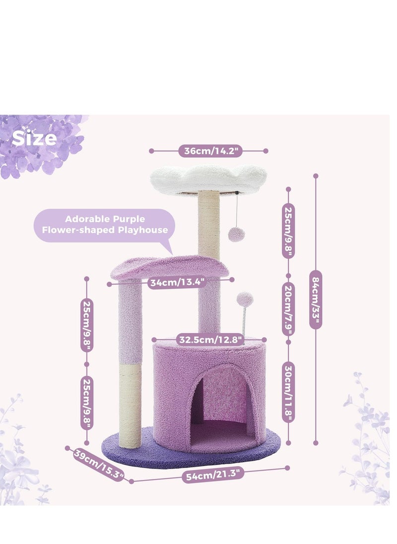 Cat Tree 84cm Purple Flower Cat Tower with Sisal Covered Scratching Post, Cozy Condo, Plush Perches and Fluffy Balls for Indoor Cats