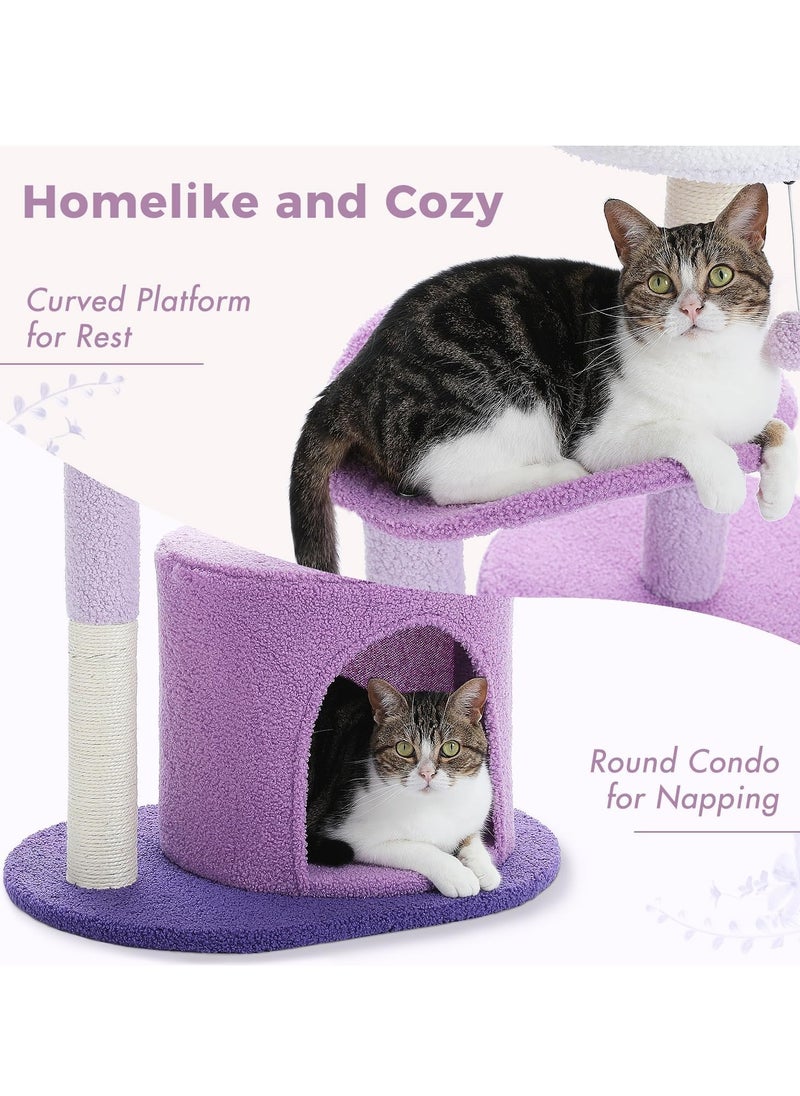 Cat Tree 84cm Purple Flower Cat Tower with Sisal Covered Scratching Post, Cozy Condo, Plush Perches and Fluffy Balls for Indoor Cats