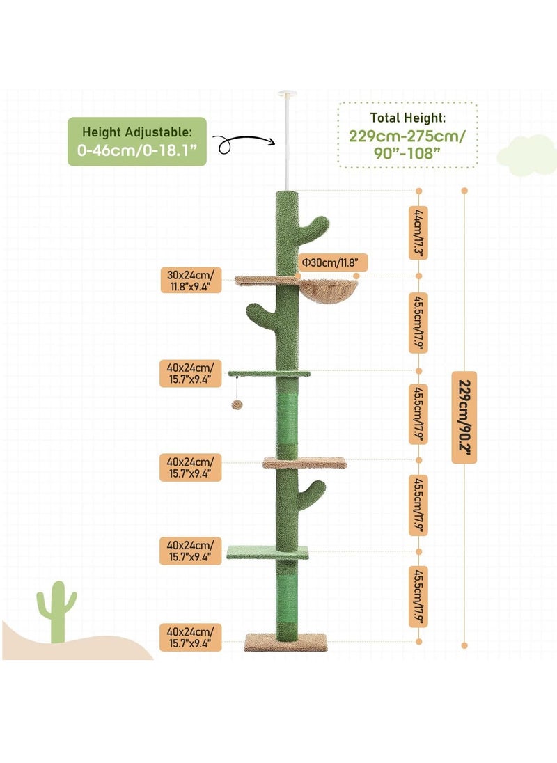 Cactus Cat Tree Floor to Ceiling Cat Tower with Audjstable Height(241-273 cm), 5 Tiers Cat Climbing Activity Center with Cozy Hammock, Platforms and Dangling Balls for Indoor Cats