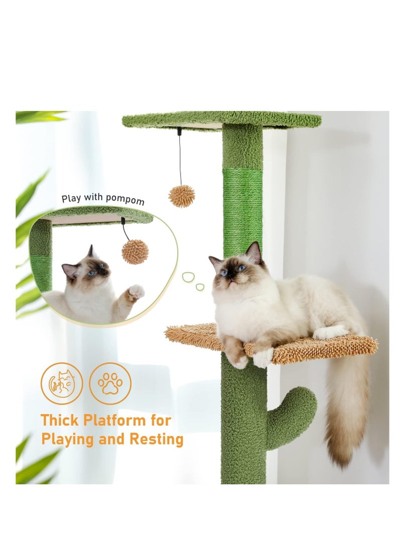 Cactus Cat Tree Floor to Ceiling Cat Tower with Audjstable Height(241-273 cm), 5 Tiers Cat Climbing Activity Center with Cozy Hammock, Platforms and Dangling Balls for Indoor Cats