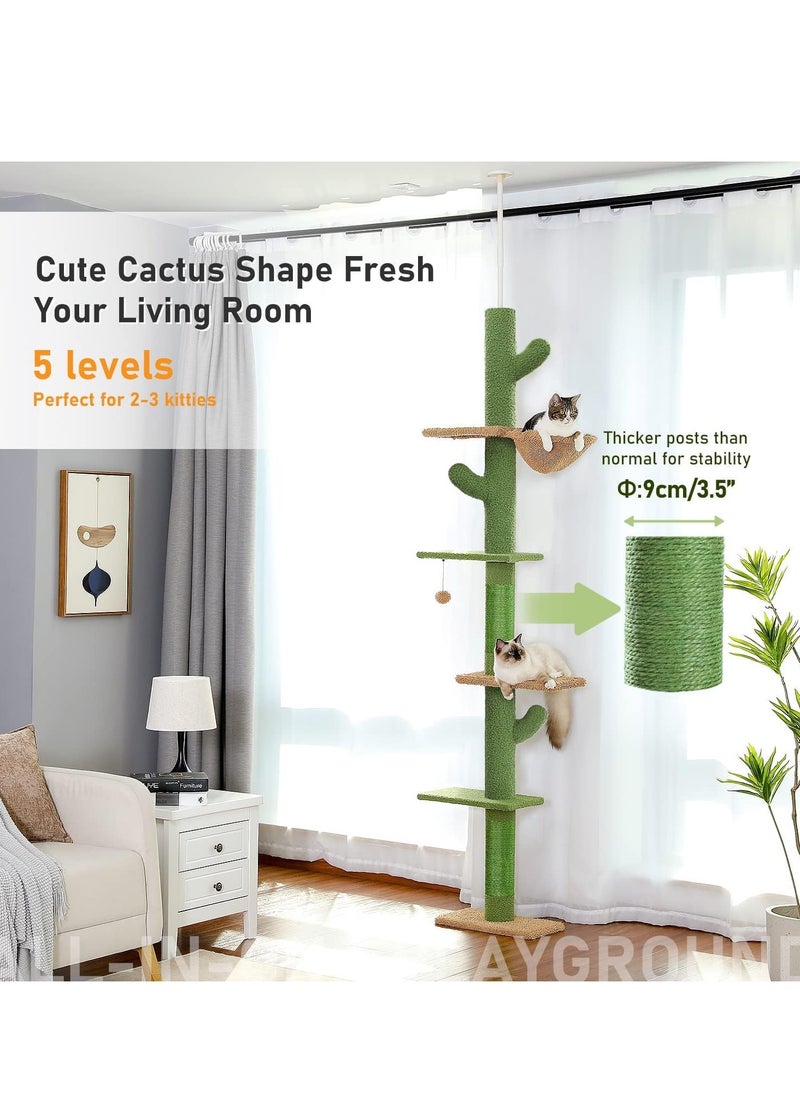 Cactus Cat Tree Floor to Ceiling Cat Tower with Audjstable Height(241-273 cm), 5 Tiers Cat Climbing Activity Center with Cozy Hammock, Platforms and Dangling Balls for Indoor Cats
