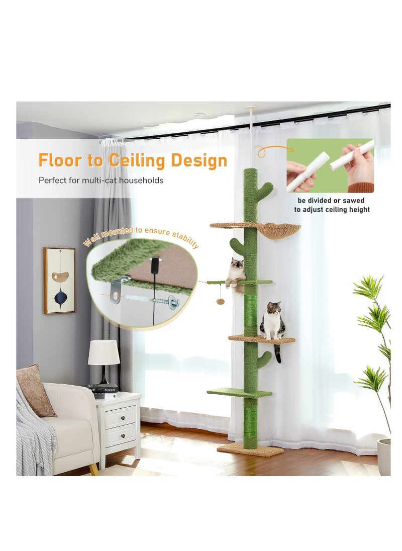 Cactus Cat Tree Floor to Ceiling Cat Tower with Audjstable Height(241-273 cm), 5 Tiers Cat Climbing Activity Center with Cozy Hammock, Platforms and Dangling Balls for Indoor Cats