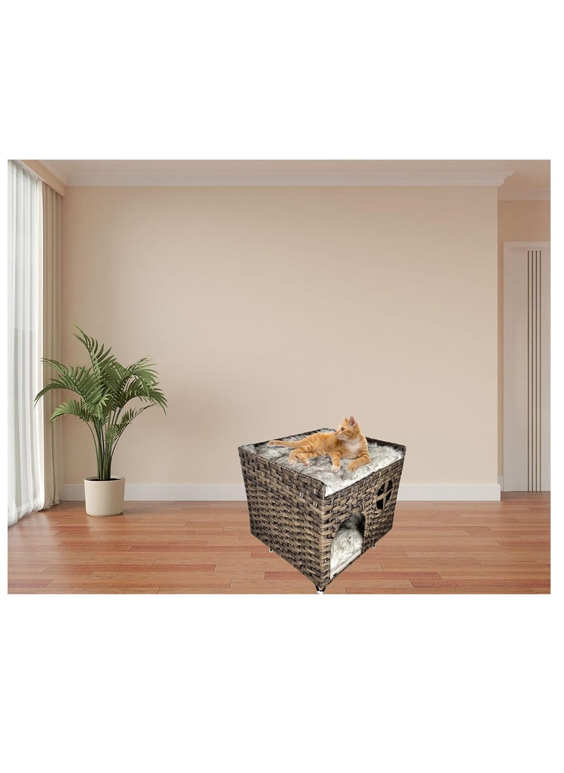 Dark Brown & Black Cat Bed - Cozy Square Design, Stylish and Easy to Clean, Warm and Soft Kitten Bed for Indoor Use (52 cm Height)