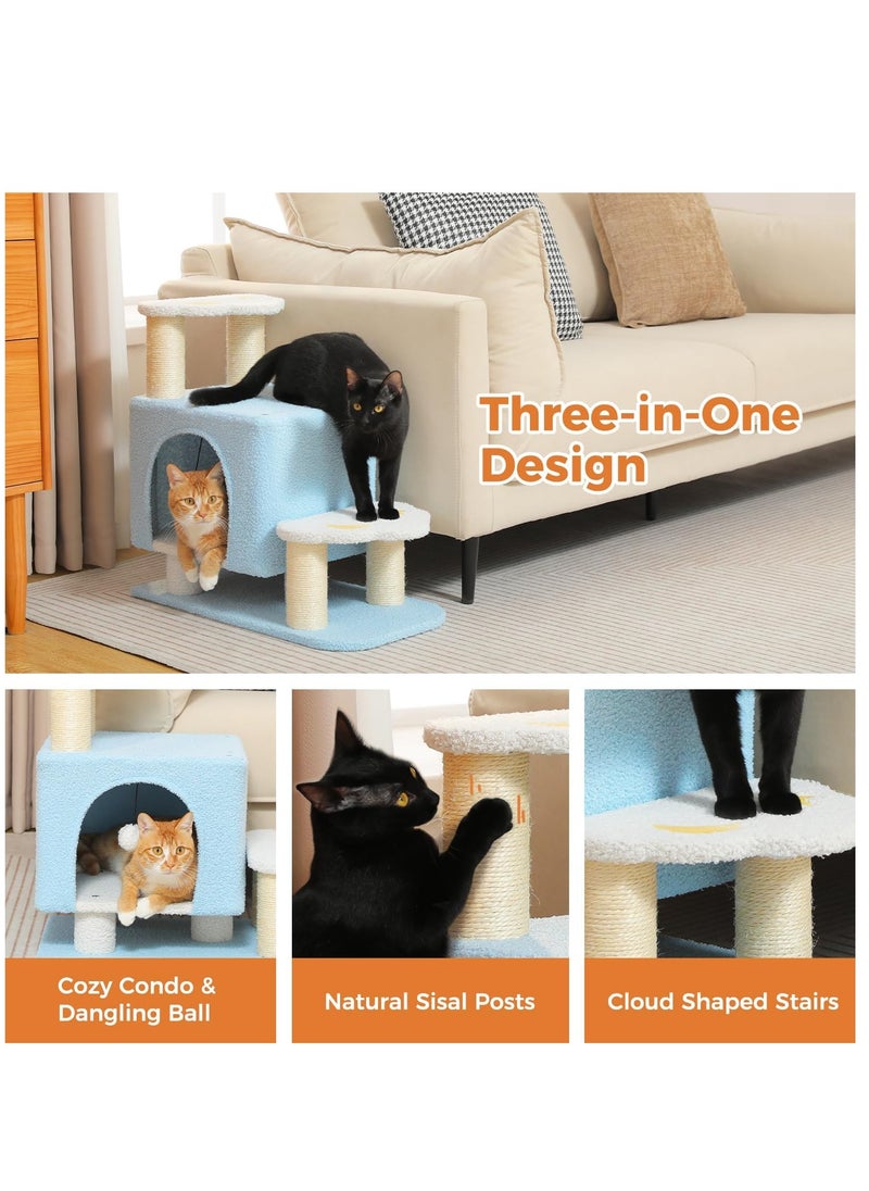 Cat Tower, Mini Cat Tower, Pet Stair Step, Low, Cat Claw Sharpening, Stylish, Slim, Cute, Bed, Kittens, Senior Cats, Stationary, Space-Saving, Easy to Assemble, Stable-Blue