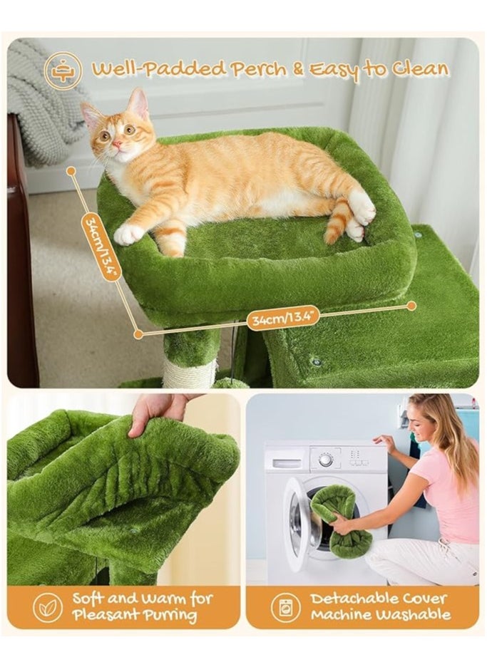 Cat Tree, 77 CM Cat Tower with Dual Condos for Indoor Cats, Plush Cat House with Padded Perch, Scratching Ramp and Posts and Replaceable Balls-Green, 30