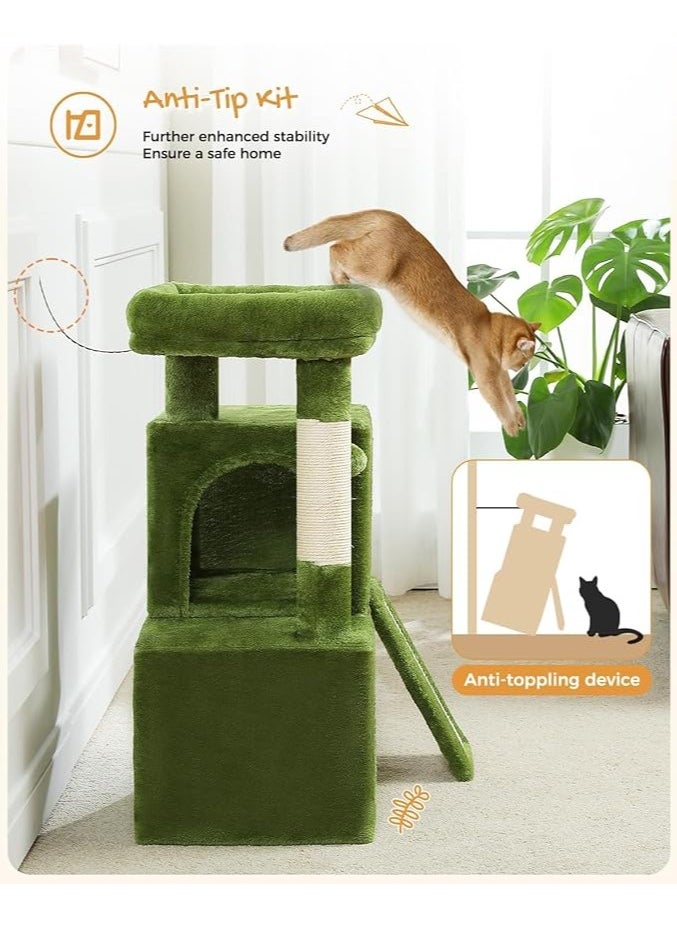 Cat Tree, 77 CM Cat Tower with Dual Condos for Indoor Cats, Plush Cat House with Padded Perch, Scratching Ramp and Posts and Replaceable Balls-Green, 30