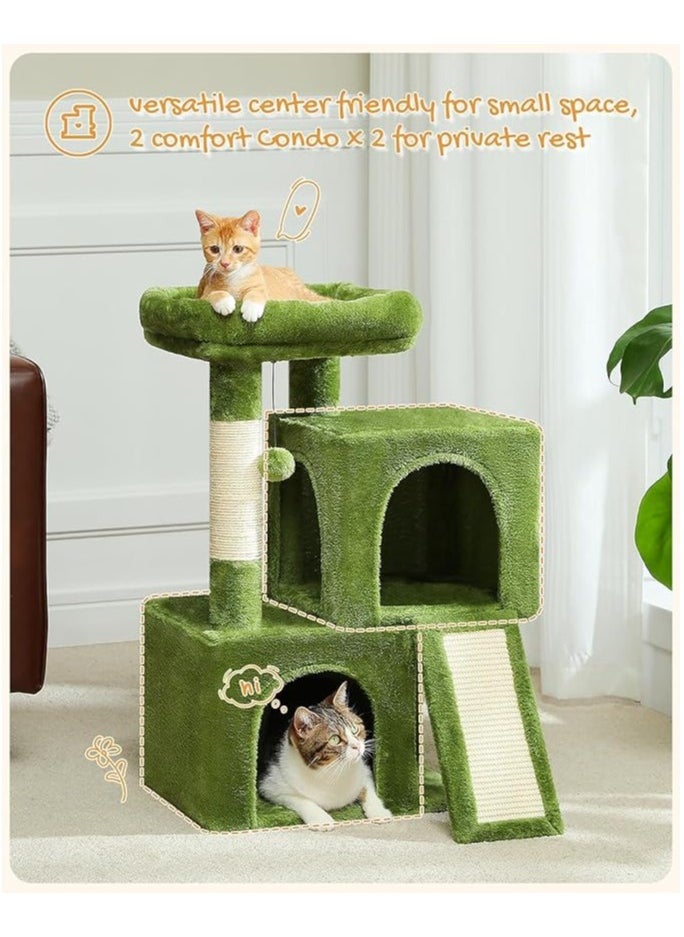 Cat Tree, 77 CM Cat Tower with Dual Condos for Indoor Cats, Plush Cat House with Padded Perch, Scratching Ramp and Posts and Replaceable Balls-Green, 30