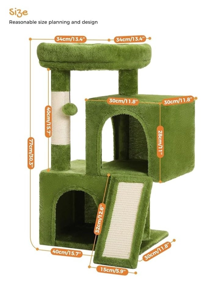 Cat Tree, 77 CM Cat Tower with Dual Condos for Indoor Cats, Plush Cat House with Padded Perch, Scratching Ramp and Posts and Replaceable Balls-Green, 30