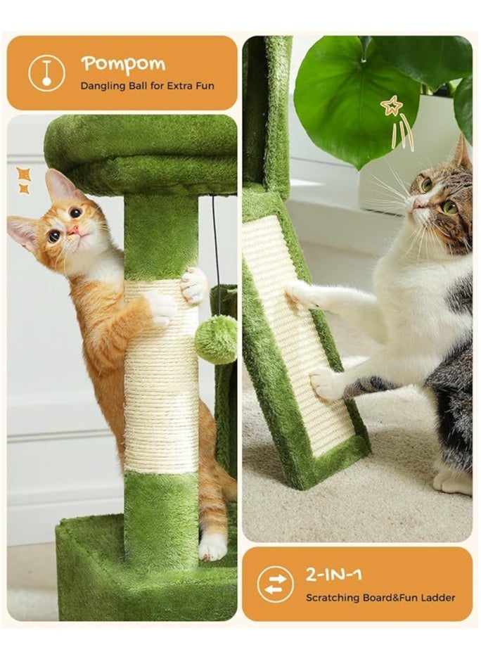 Cat Tree, 77 CM Cat Tower with Dual Condos for Indoor Cats, Plush Cat House with Padded Perch, Scratching Ramp and Posts and Replaceable Balls-Green, 30