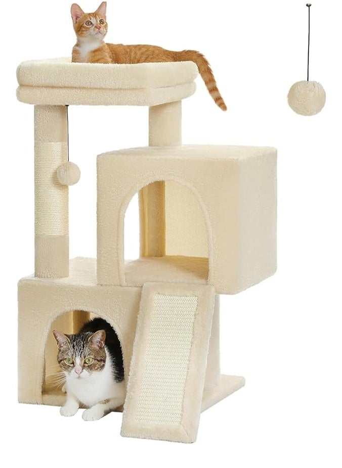 Cat Tree, 77 CM Cat Tower with Dual Condos for Indoor Cats, Plush Cat House with Padded Perch, Scratching Ramp and Posts and Replaceable Balls-Beige, 30