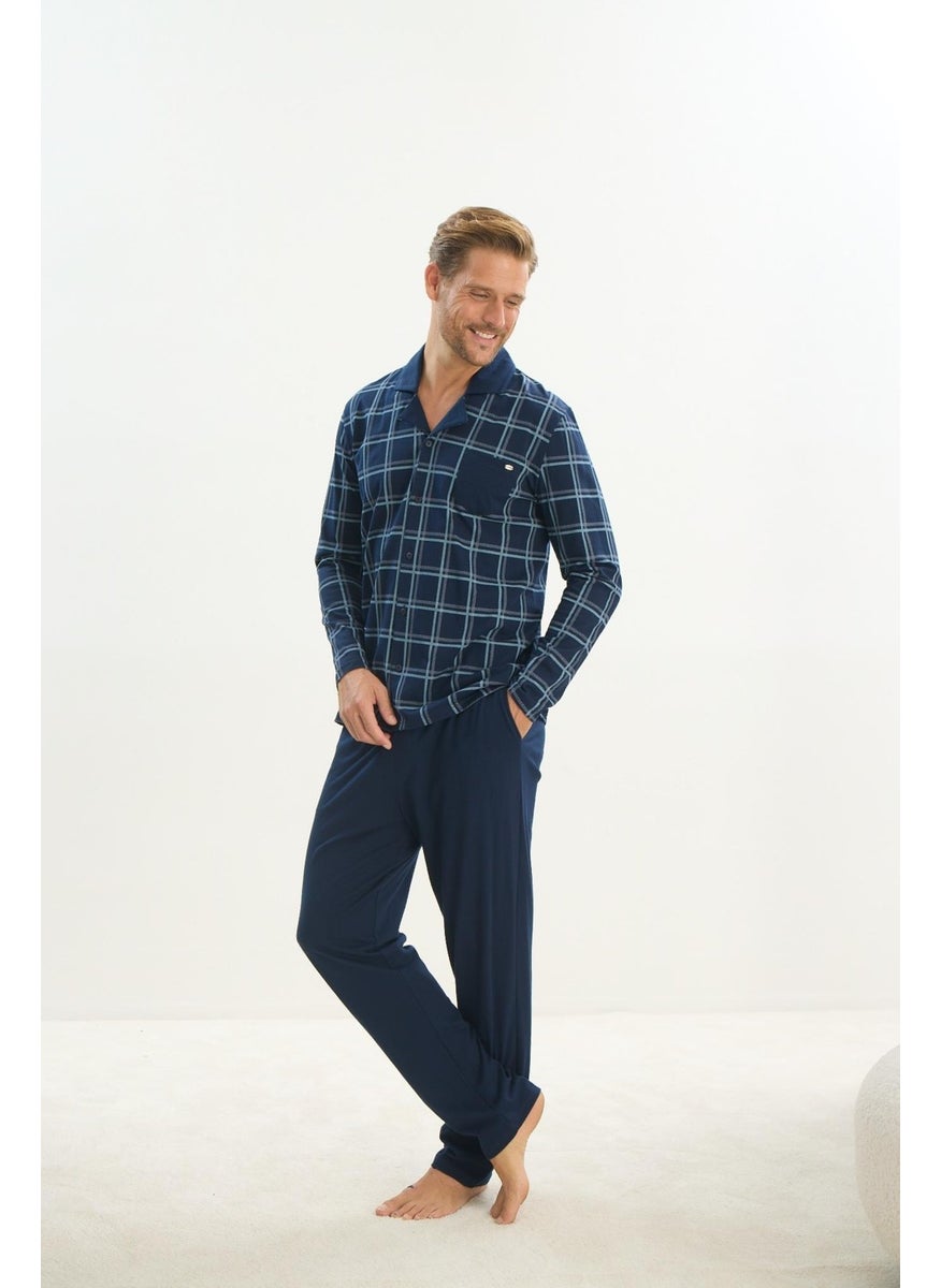 Men's Long Sleeve Shirt Collar Front Buttoned Navy Blue Pajama Set C9T1N5O9