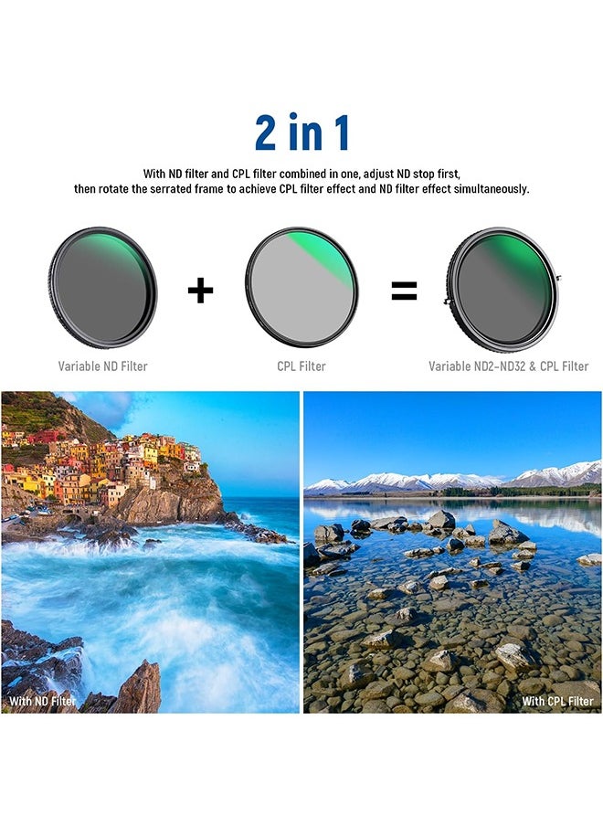 NEEWER 2 in 1 82mm Variable ND Filter ND2–ND32&CPL Filter(Circular Polarizer Filter) No X Cross/30 Layer Nano Coated/HD Optical Glass/Ultra Slim Aluminum Alloy Frame/Water Repellent/Scratch Resistant
