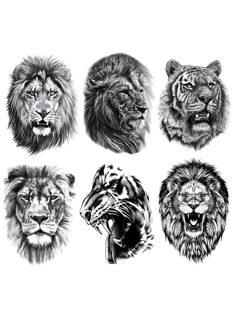 Large Temporary Tattoos for Men, 6-Sheet Black Lion King Tiger Tattoo Stickers Half Arm Sleeves for Women Kids, Realistic Fake Tattoos Long Lasting Tattoos Waterproof
