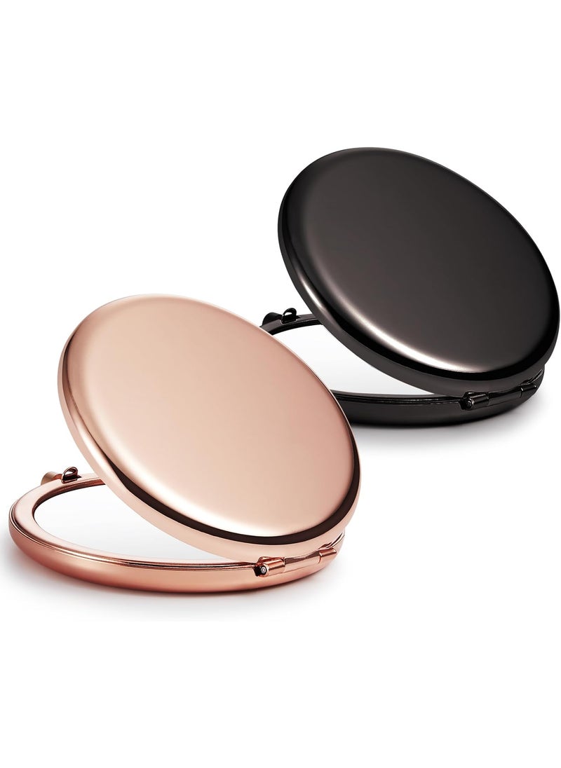 Compact Mirror Bulk, Set of 2 Double-Sided 1X/2X Magnifying Purse Pocket Makeup Mirrors(Round, Rose Gold and Black)