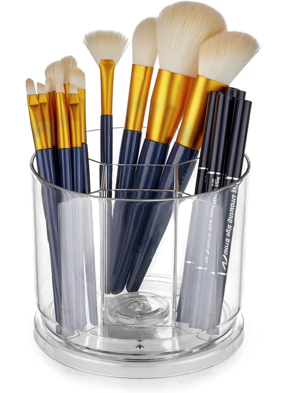 Makeup Brush Holder Organizer -Rotating 360° Clear Storage Cup Containers for Vanity, Desk, Countertop, Spinning Pen Holder for Desk, Round Make up Brush Stand with 5 Slots, for Cosmestics (Clear)