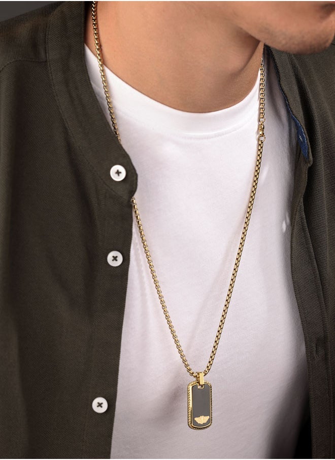 Stamp Necklace  IonPlated Black Tag with Wing Logo and GoldPlated Chain for Subtle Rebellious Style