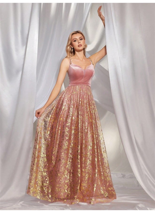 Elegant Pink - Purple Velvet & Gold - Jacquard Gown, Spaghetti - Strap & A - Line Skirt, Formal Evening Dress