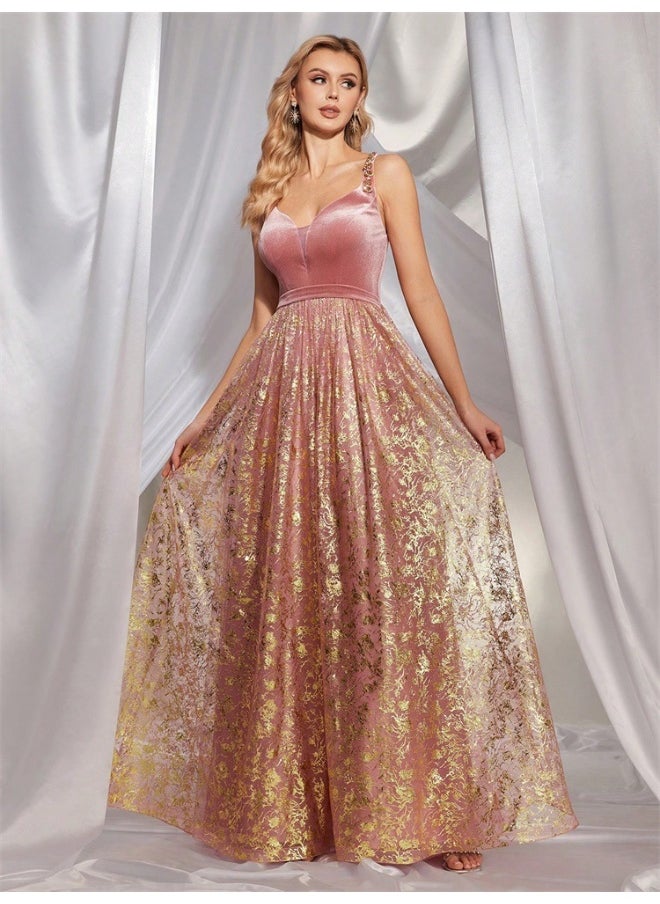 Elegant Pink - Purple Velvet & Gold - Jacquard Gown, Spaghetti - Strap & A - Line Skirt, Formal Evening Dress