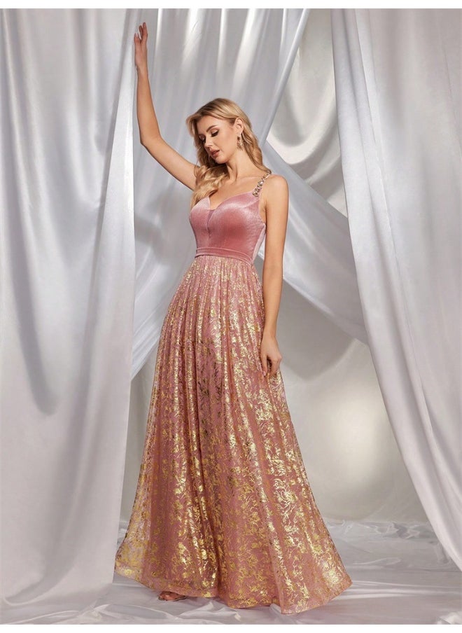 Elegant Pink - Purple Velvet & Gold - Jacquard Gown, Spaghetti - Strap & A - Line Skirt, Formal Evening Dress