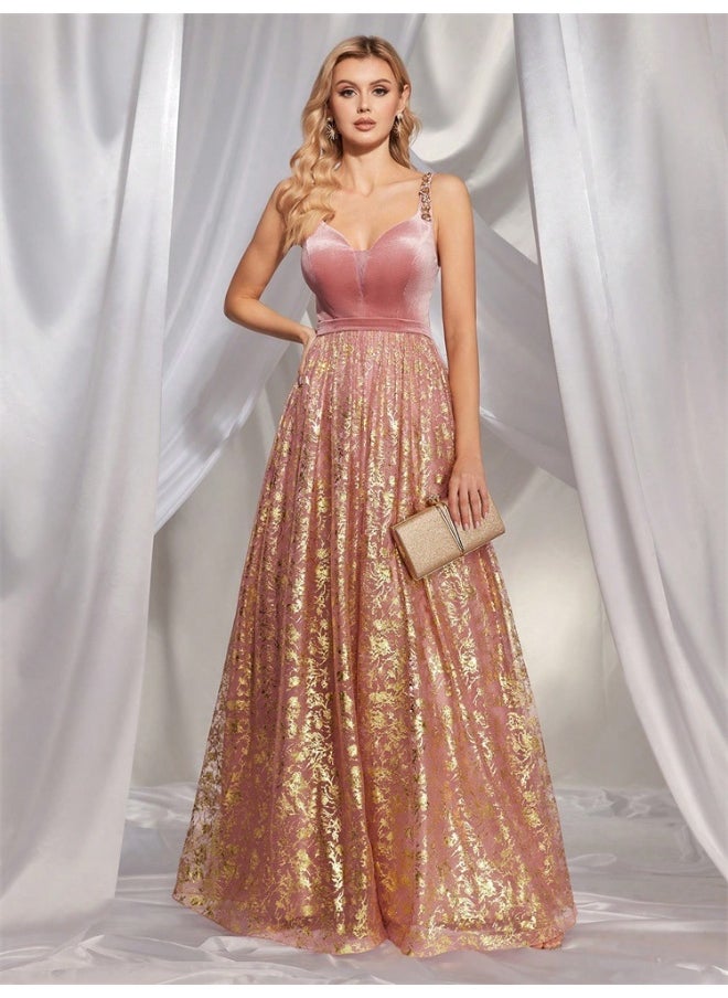 Elegant Pink - Purple Velvet & Gold - Jacquard Gown, Spaghetti - Strap & A - Line Skirt, Formal Evening Dress