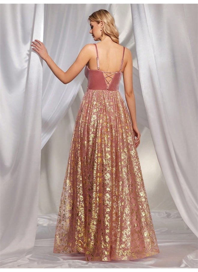 Elegant Pink - Purple Velvet & Gold - Jacquard Gown, Spaghetti - Strap & A - Line Skirt, Formal Evening Dress