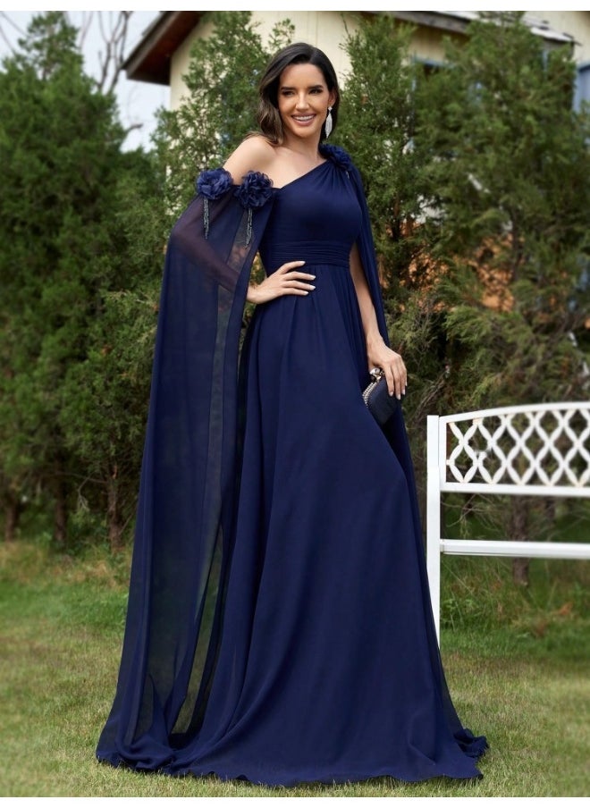 Deep Blue One - Shoulder Cape Maxi Dress, Flower Details