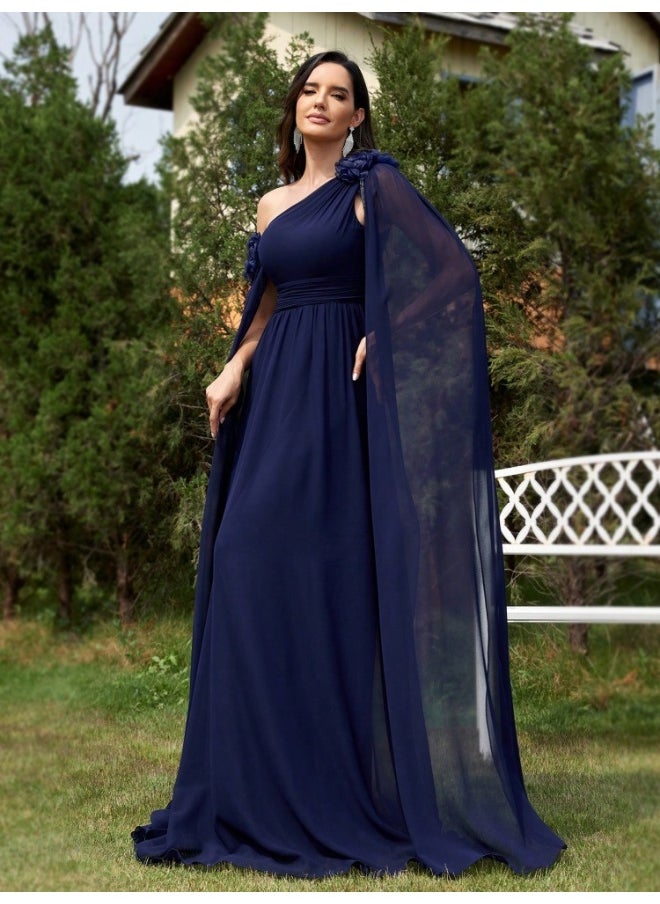 Deep Blue One - Shoulder Cape Maxi Dress, Flower Details