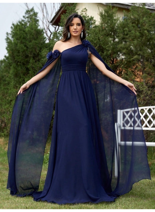 Deep Blue One - Shoulder Cape Maxi Dress, Flower Details