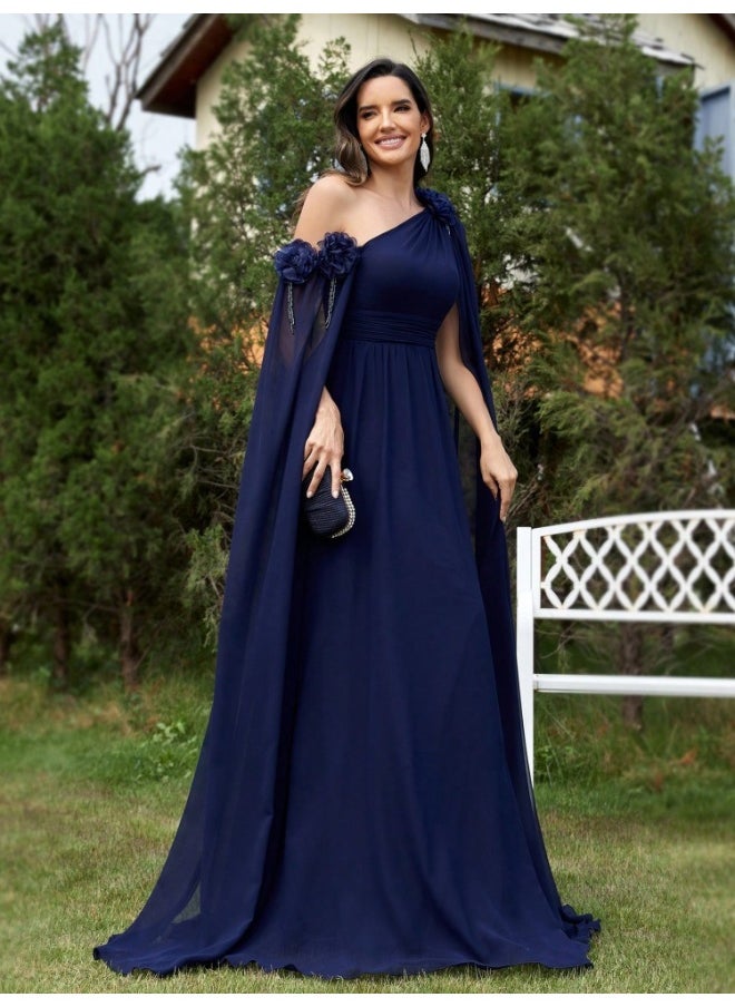 Deep Blue One - Shoulder Cape Maxi Dress, Flower Details