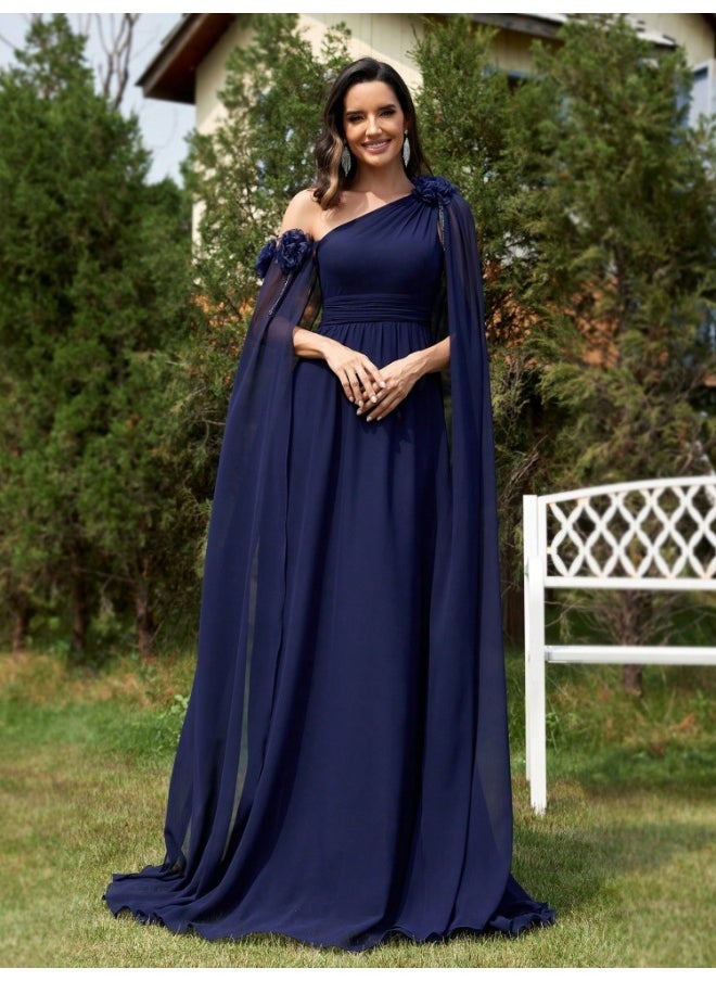 Deep Blue One - Shoulder Cape Maxi Dress, Flower Details