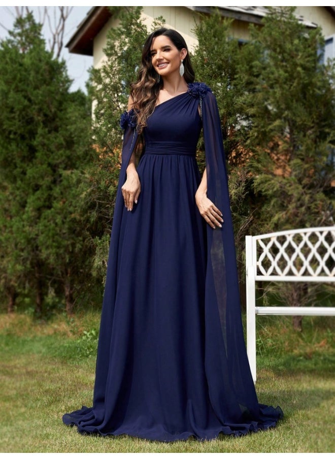 Deep Blue One - Shoulder Cape Maxi Dress, Flower Details