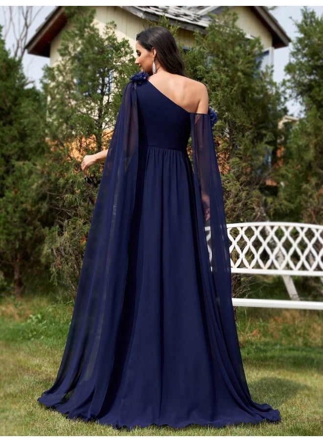 Deep Blue One - Shoulder Cape Maxi Dress, Flower Details
