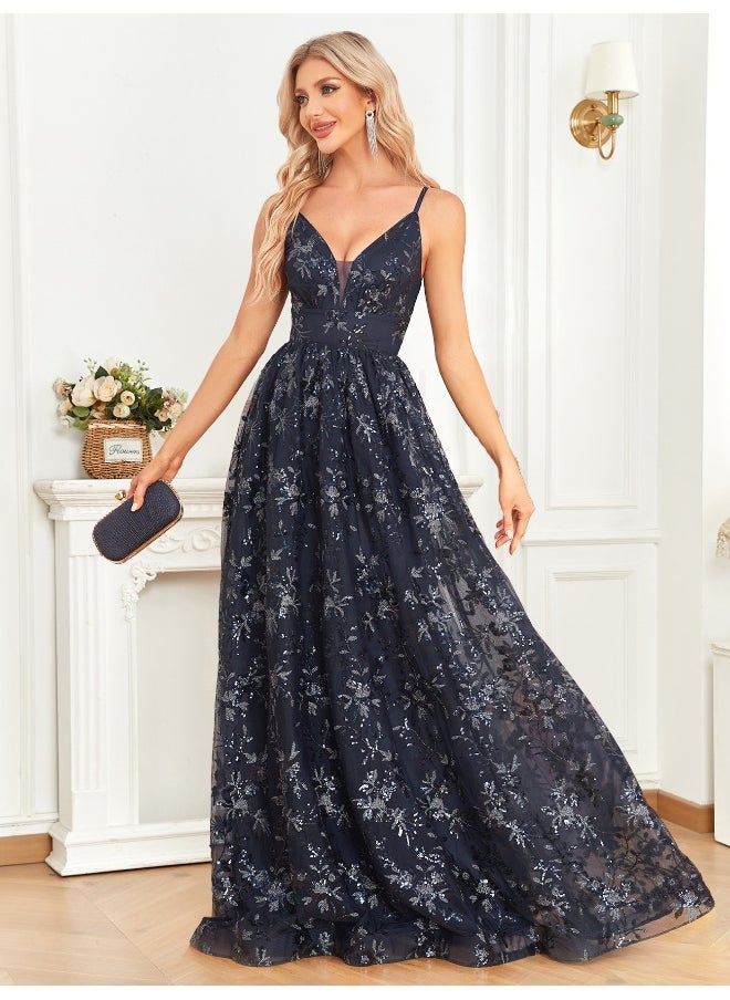 Elegant Dark Blue Sequin - Embroidered Gown, Spaghetti - Strap & V - Neck, Formal Evening Dress