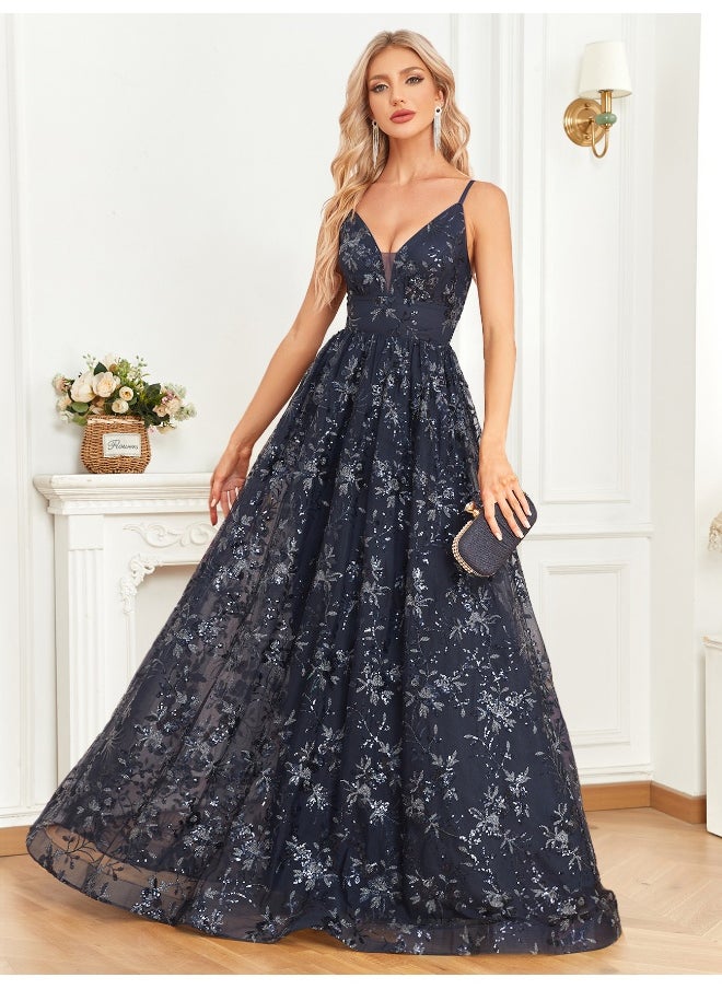 Elegant Dark Blue Sequin - Embroidered Gown, Spaghetti - Strap & V - Neck, Formal Evening Dress