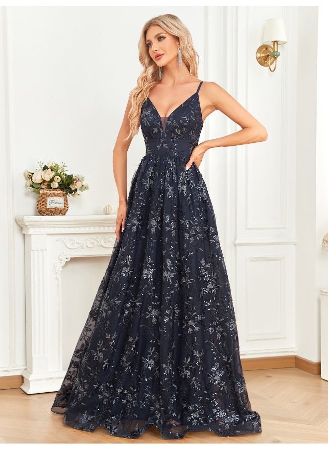 Elegant Dark Blue Sequin - Embroidered Gown, Spaghetti - Strap & V - Neck, Formal Evening Dress