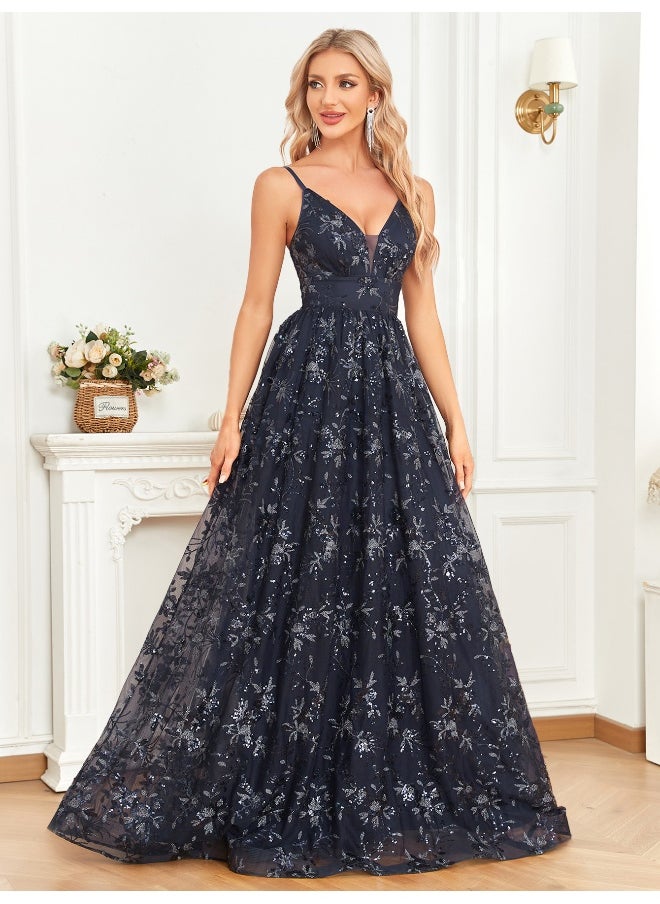 Elegant Dark Blue Sequin - Embroidered Gown, Spaghetti - Strap & V - Neck, Formal Evening Dress