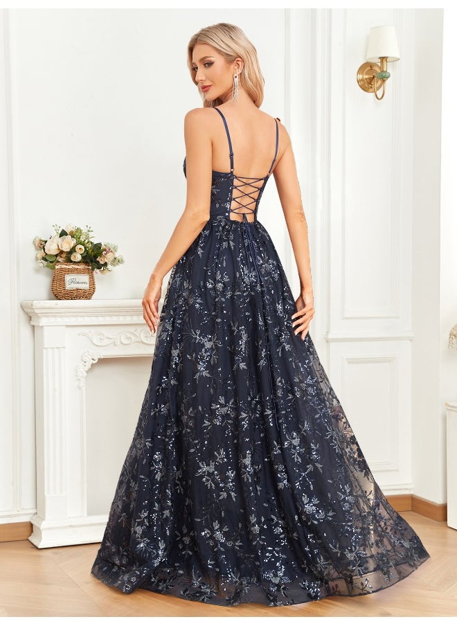 Elegant Dark Blue Sequin - Embroidered Gown, Spaghetti - Strap & V - Neck, Formal Evening Dress