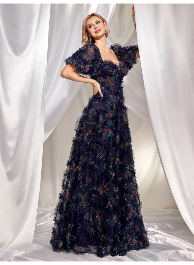 Navy Blue Floral Tulle Gown, Puff - Sleeve & Sweetheart Neckline, Floor - Length Ruffled Skirt