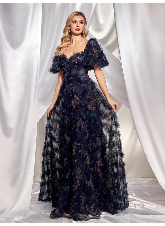 Navy Blue Floral Tulle Gown, Puff - Sleeve & Sweetheart Neckline, Floor - Length Ruffled Skirt