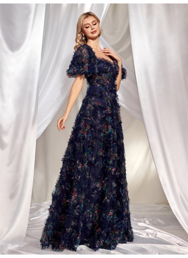 Navy Blue Floral Tulle Gown, Puff - Sleeve & Sweetheart Neckline, Floor - Length Ruffled Skirt