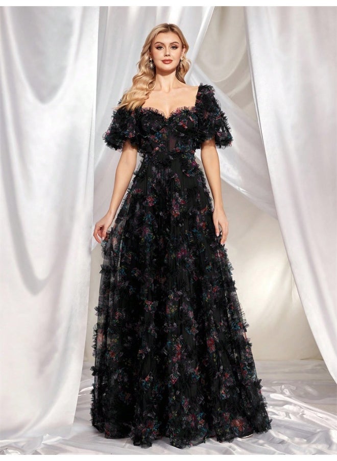 Navy Blue Floral Tulle Gown, Puff - Sleeve & Sweetheart Neckline, Floor - Length Ruffled Skirt