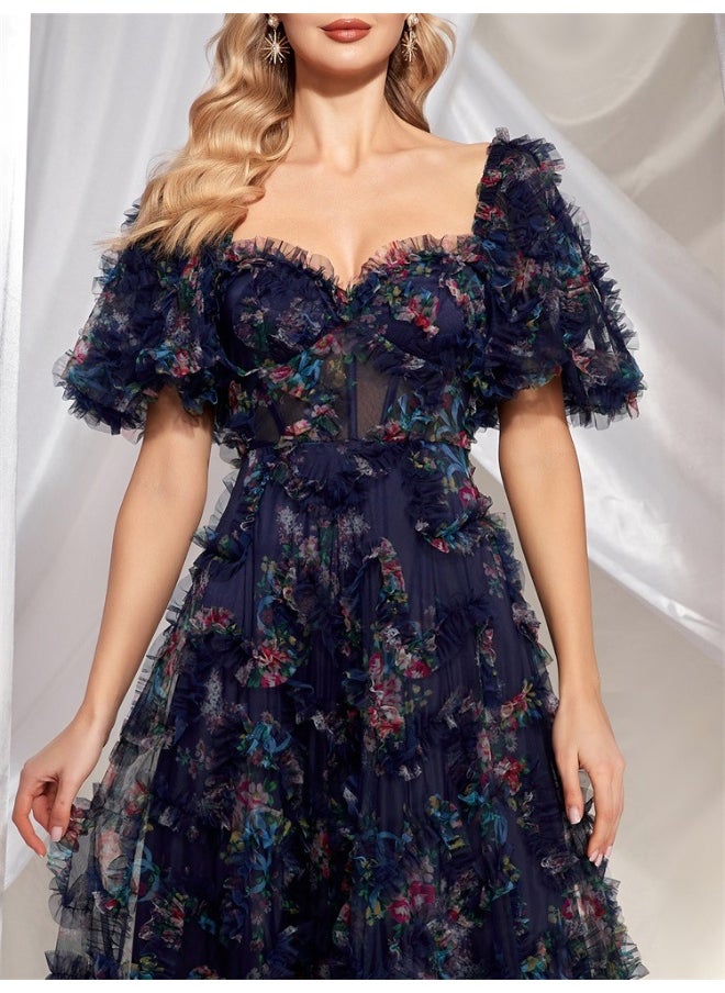 Navy Blue Floral Tulle Gown, Puff - Sleeve & Sweetheart Neckline, Floor - Length Ruffled Skirt