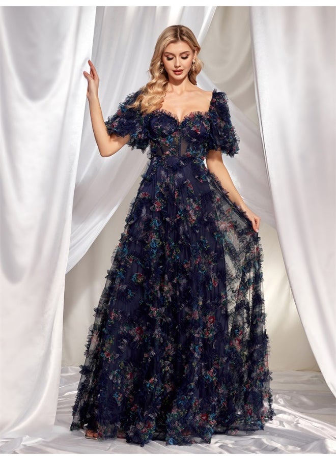 Navy Blue Floral Tulle Gown, Puff - Sleeve & Sweetheart Neckline, Floor - Length Ruffled Skirt