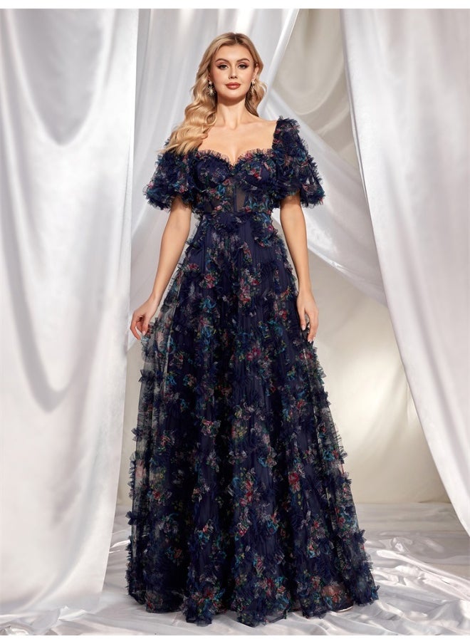Navy Blue Floral Tulle Gown, Puff - Sleeve & Sweetheart Neckline, Floor - Length Ruffled Skirt