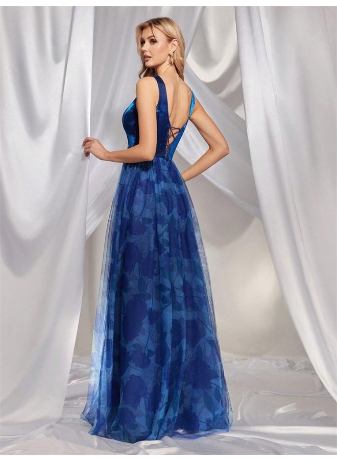 Elegant Blue Sequin - Paneled Gown, V - Neck & Side Slit, Formal Evening Dress