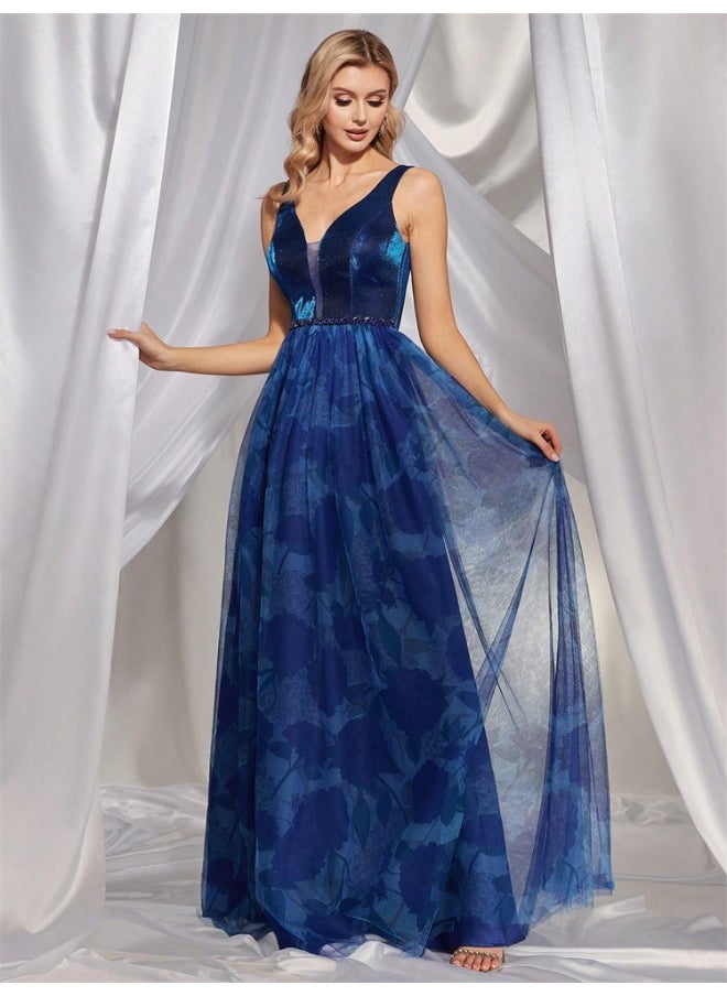 Elegant Blue Sequin - Paneled Gown, V - Neck & Side Slit, Formal Evening Dress