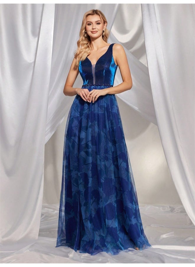 Elegant Blue Sequin - Paneled Gown, V - Neck & Side Slit, Formal Evening Dress